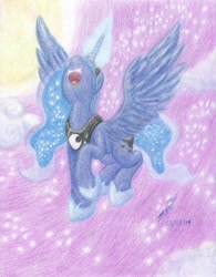 Size: 2535x3242 | Tagged: safe, artist:nightshadow154, imported from derpibooru, princess luna, pony, flying, glowing, glowing horn, high res, horn, solo, traditional art