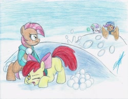 Size: 3287x2546 | Tagged: safe, artist:nightshadow154, imported from derpibooru, apple bloom, babs seed, scootaloo, sweetie belle, earth pony, pegasus, pony, unicorn, clothes, glowing, glowing horn, hat, high res, horn, magic, scarf, snow, snowball, snowball fight, telekinesis, traditional art, winter