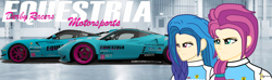 Size: 4091x1205 | Tagged: safe, artist:forzaveteranenigma, edit, imported from derpibooru, izzy moonbow, sunny starscout, human, fanfic:equestria motorsports, equestria girls, braid, car, determination, determined, determined face, determined look, ear piercing, earring, ferrari, ferrari 458 italia gtc, ferrari 599 gto, forza motorsport, forza motorsport 7, g5, garage, human coloration, jewelry, livery, long hair, motorsport, my little pony: a new generation, piercing, racecar, racing suit, serious, serious face, watermark