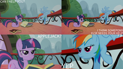 Size: 1280x720 | Tagged: safe, edit, edited screencap, editor:quoterific, imported from derpibooru, screencap, rainbow dash, twilight sparkle, pegasus, pony, unicorn, applebuck season, season 1, book, female, golden oaks library, mare, open mouth, that pony sure does love books, unicorn twilight