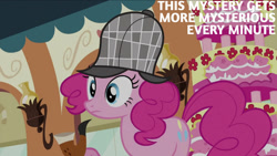 Size: 1280x720 | Tagged: safe, edit, edited screencap, editor:quoterific, imported from derpibooru, screencap, pinkie pie, earth pony, pony, mmmystery on the friendship express, season 2, cake, deerstalker, detective, female, food, friendship express, hat, mare, pipe, sherlock holmes, sherlock pie, solo, train