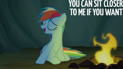 Size: 1280x720 | Tagged: safe, edit, edited screencap, editor:quoterific, imported from derpibooru, screencap, rainbow dash, pegasus, pony, campfire tales, season 7, campfire, eyes closed, female, fire, mare, open mouth, open smile, smiling, solo