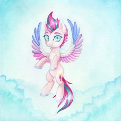 Size: 680x680 | Tagged: safe, artist:0okami-0ni, imported from derpibooru, zipp storm, pegasus, pony, cloud, female, flying, g5, mare, my little pony: a new generation, sky, solo, traditional art, watercolor painting, wings