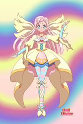 Size: 1600x2400 | Tagged: safe, artist:saphari, imported from derpibooru, fluttershy, human, abstract background, base used, clothes, dress, evening gloves, female, fingerless elbow gloves, fingerless gloves, gloves, humanized, long gloves, magical girl, smiling, solo, winged humanization, wings