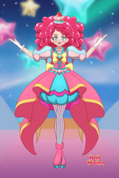 Size: 1600x2400 | Tagged: safe, artist:saphari, imported from derpibooru, pinkie pie, human, base used, clothes, cupcake, dress, female, food, gloves, humanized, magical girl, smiling, solo, stars