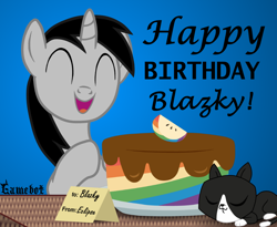 Size: 1100x900 | Tagged: safe, artist:tcgamebot, imported from derpibooru, oc, oc only, oc:blazky, cat, pony, birthday, cake, cute, food, gift art, happy, male, open mouth, show accurate, sleeping, smiling, text, unicorno