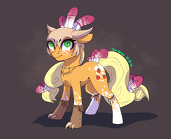 Size: 1600x1300 | Tagged: safe, alternate version, artist:joan-grace, imported from derpibooru, part of a set, applejack, earth pony, pony, claws, feather, female, floppy ears, helmet, part of a series, solo, tassels, tribal