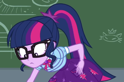 Size: 536x354 | Tagged: safe, imported from derpibooru, screencap, sci-twi, twilight sparkle, equestria girls, equestria girls series, holidays unwrapped, spoiler:eqg series (season 2), :|, bending, bowtie, clothes, cropped, cutie mark on clothes, geode of telekinesis, glasses, jewelry, looking down, magical geodes, pendant, polo shirt, ponytail, reaching, skirt, solo, the cider louse fools