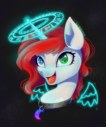 Size: 2000x2400 | Tagged: safe, artist:joan-grace, imported from derpibooru, oc, oc only, pony, unicorn, artificial wings, augmented, collar, eyelashes, female, glowing, glowing horn, heterochromia, high res, horn, magic, magic circle, magic wings, mare, signature, smiling, solo, unicorn oc, wings