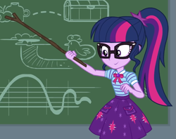 Size: 725x573 | Tagged: safe, imported from derpibooru, screencap, sci-twi, twilight sparkle, equestria girls, equestria girls series, holidays unwrapped, spoiler:eqg series (season 2), bowtie, chalkboard, clothes, cropped, cutie mark on clothes, geode of telekinesis, glasses, grin, jewelry, magical geodes, not bad, pendant, polo shirt, skirt, smiling, solo, stick, the cider louse fools