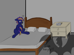 Size: 2400x1800 | Tagged: safe, artist:morningbreeze, imported from derpibooru, oc, oc:morningbreeze, bat pony, pegasus, pony, bed, bedroom, clock, fear, night, pillow, shadow, sitting, spread legs, spreading