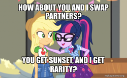 Size: 800x494 | Tagged: safe, edit, edited screencap, imported from derpibooru, screencap, applejack, sci-twi, twilight sparkle, equestria girls, equestria girls series, holidays unwrapped, spoiler:eqg series (season 2), caption, image macro, implied lesbian, implied polyamory, implied rarijack, implied scitwishimmer, implied shipping, implied sunsetsparkle, sci-twi is a turboslut, text, the cider louse fools