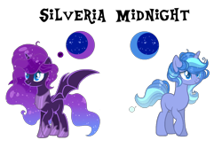 Size: 1500x1000 | Tagged: safe, artist:just-silvushka, imported from derpibooru, oc, oc only, alicorn, bat pony, bat pony alicorn, pony, unicorn, alicorn oc, base used, bat pony oc, bat wings, duo, ethereal mane, eyelashes, female, hoof shoes, horn, mare, nightmarified, peytral, simple background, smiling, starry mane, transparent background, unicorn oc, wings