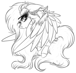 Size: 2601x2506 | Tagged: safe, artist:beamybutt, imported from derpibooru, oc, oc only, pegasus, pony, chest fluff, ear fluff, eyelashes, female, high res, lineart, mare, monochrome, pegasus oc, solo, wings