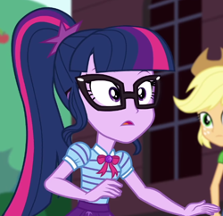 Size: 568x549 | Tagged: safe, imported from derpibooru, screencap, applejack, sci-twi, twilight sparkle, equestria girls, equestria girls series, holidays unwrapped, spoiler:eqg series (season 2), cropped, the cider louse fools