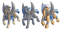 Size: 4592x2273 | Tagged: safe, artist:royvdhel-art, imported from derpibooru, oc, oc only, oc:cloud zapper, pegasus, pony, armor, male, mouth hold, pegasus oc, royal guard, solo, stallion, sword, weapon