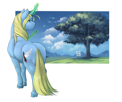 Size: 2843x2387 | Tagged: safe, artist:royvdhel-art, imported from derpibooru, oc, oc only, oc:art's desire, pony, unicorn, butt, glowing, glowing horn, high res, horn, magic, outdoors, plot, smiling, solo, telekinesis, tree, unicorn oc