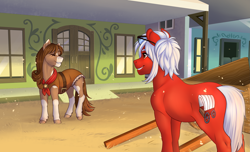 Size: 3139x1910 | Tagged: safe, artist:royvdhel-art, imported from derpibooru, oc, oc only, earth pony, pony, duo, earth pony oc, glasses, outdoors, smiling