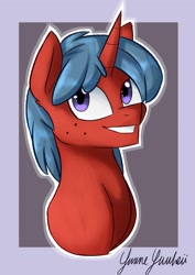 Size: 1164x1642 | Tagged: safe, artist:yumeyuuheii, imported from derpibooru, oc, oc only, pony, unicorn, freckles, grin, horn, smiling, unicorn oc