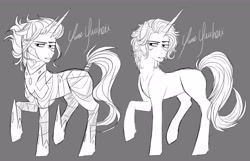 Size: 4500x2897 | Tagged: safe, artist:yumeyuuheii, imported from derpibooru, oc, oc only, pony, unicorn, armor, duo, gray background, horn, male, monochrome, raised hoof, simple background, stallion, tail, tail wrap, unicorn oc