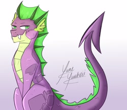 Size: 2808x2440 | Tagged: safe, artist:yumeyuuheii, imported from derpibooru, spike, dragon, fangs, high res, male, older, older spike, scar, signature, smiling