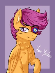 Size: 1509x2000 | Tagged: safe, artist:yumeyuuheii, imported from derpibooru, scootaloo, pegasus, pony, abstract background, bust, chest fluff, eyepatch, female, mare, older, older scootaloo, raised hoof, signature, smiling, wings