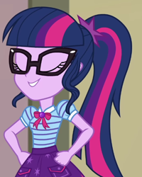 Size: 472x590 | Tagged: safe, imported from derpibooru, screencap, sci-twi, twilight sparkle, equestria girls, equestria girls series, holidays unwrapped, spoiler:eqg series (season 2), bowtie, clothes, cropped, cutie mark on clothes, eyes closed, geode of telekinesis, glasses, grin, hand on hip, jewelry, magical geodes, pendant, polo shirt, ponytail, skirt, smiling, solo, the cider louse fools