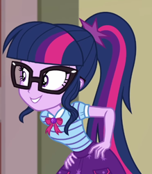 Size: 502x574 | Tagged: safe, imported from derpibooru, screencap, sci-twi, twilight sparkle, equestria girls, equestria girls series, holidays unwrapped, spoiler:eqg series (season 2), cropped, cute, glasses, smiling, solo, the cider louse fools