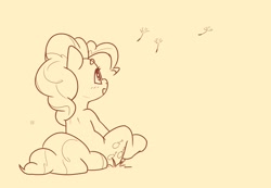 Size: 2116x1466 | Tagged: safe, artist:bunchedupletters, imported from derpibooru, pinkie pie, earth pony, pony, dandelion, female, lineart, looking at something, mare, monochrome, qr code, seeds, sitting, solo