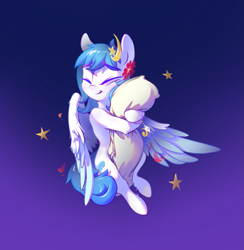 Size: 1387x1424 | Tagged: safe, artist:blue ink, imported from derpibooru, oc, oc only, oc:freesia iris, pegasus, pony, body pillow, eyebrows, eyebrows visible through hair, eyes closed, female, hug, pillow, pillow hug, smiling, solo, wristband