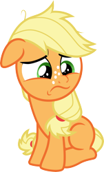 Size: 3000x4968 | Tagged: safe, artist:cloudy glow, imported from derpibooru, applejack, earth pony, pony, going to seed, .ai available, cute, female, filly, filly applejack, floppy ears, foal, freckles, frown, full body, green eyes, hair tie, high res, jackabetes, simple background, sitting, solo, transparent background, vector, younger