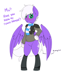 Size: 2400x2700 | Tagged: safe, artist:ponynamedmixtape, imported from derpibooru, oc, oc only, oc:ametrine paraphernalia, oc:infinatus amor, pegasus, semi-anthro, fallout equestria, armor, bipedal, blushing, boots, bottomless, clothes, dialogue, femboy, feminine stallion, high res, hips, looking at you, male, partial nudity, scarf, shirt, shoes, simple background, solo, text, transparent background