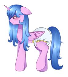 Size: 2005x2268 | Tagged: safe, artist:vaiola, imported from derpibooru, oc, oc only, alicorn, pony, adult foal, alicorn oc, blushing, commission, cute, diaper, diaper fetish, fetish, floppy ears, full body, high res, horn, long mane, non-baby in diaper, poofy diaper, simple background, smiling, solo, transparent background, wings, ych result