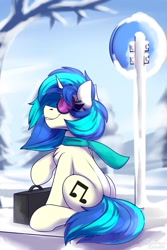 Size: 1600x2400 | Tagged: safe, artist:shadowreindeer, imported from derpibooru, dj pon-3, vinyl scratch, pony, unicorn, chest fluff, clothes, female, mare, road sign, scarf, sign, sitting, smiling, snow, solo, sunglasses, tree, winter