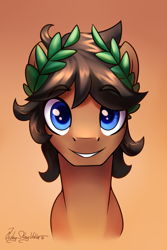 Size: 2000x3000 | Tagged: safe, artist:jedayskayvoker, imported from derpibooru, oc, oc only, oc:laurel crown, earth pony, pony, bust, crown, eyebrows, eyebrows visible through hair, gradient background, high res, icon, jewelry, looking at you, male, portrait, regalia, short hair, smiling, solo, stallion