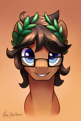 Size: 2000x3000 | Tagged: safe, alternate version, artist:jedayskayvoker, imported from derpibooru, oc, oc only, oc:laurel crown, earth pony, pony, bust, crown, eyebrows, eyebrows visible through hair, glasses, gradient background, high res, icon, jewelry, looking at you, male, portrait, regalia, short hair, smiling, solo, stallion