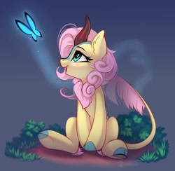 Size: 1246x1216 | Tagged: safe, artist:taneysha, imported from derpibooru, fluttershy, butterfly, kirin, abstract background, blush sticker, blushing, cloven hooves, cute, ear fluff, eyelashes, female, green eyes, kirin fluttershy, kirin-ified, mare, open mouth, open smile, pink hair, quadrupedal, shyabetes, sitting, smiling, solo, species swap, underhoof
