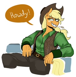 Size: 988x1002 | Tagged: safe, artist:redxbacon, imported from derpibooru, applejack, anthro, belt, belt buckle, clothes, cowboy hat, cowgirl, eyebrows, eyebrows visible through hair, female, hat, pants, sharp teeth, shirt, simple background, sitting, solo, speech bubble, stetson, straw in mouth, teeth, vest, white background