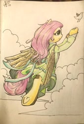Size: 2630x3873 | Tagged: safe, artist:b_m, imported from derpibooru, fluttershy, pegasus, semi-anthro, clothes, cloud, flying, high res, solo, traditional art, wings