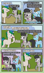 Size: 1920x3169 | Tagged: safe, artist:alexdti, imported from derpibooru, beauty brass, octavia melody, oc, oc:star logic, earth pony, pony, unicorn, comic:quest for friendship, ^^, black mane, black tail, comic, dialogue, eye contact, eyes closed, female, floppy ears, green eyes, gritted teeth, holding hooves, hoof over mouth, horn, looking at each other, looking back, male, mare, open mouth, outdoors, purple eyes, raised hoof, raised leg, shadow, speech bubble, stallion, standing, tail, two toned mane, unicorn oc