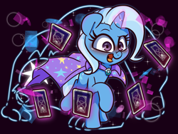 Size: 2000x1500 | Tagged: safe, artist:lou, imported from derpibooru, trixie, bear, pony, unicorn, ursa, ursa minor, abstract background, blushing, cape, card, clothes, cute, cutie mark, diatrixes, eyelashes, female, horn, looking at you, magic, mare, redraw, solo, tail, tarot card, telekinesis, trixie's cape
