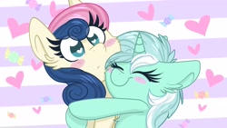 Size: 3840x2160 | Tagged: safe, artist:lbrcloud, imported from derpibooru, bon bon, lyra heartstrings, sweetie drops, earth pony, pony, unicorn, blushing, cheek fluff, chest fluff, ear fluff, female, heart, high res, hug, lesbian, lyrabon, shipping, smiling