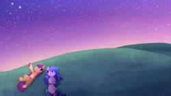 Size: 3840x2160 | Tagged: safe, artist:lbrcloud, imported from derpibooru, izzy moonbow, sunny starscout, earth pony, pony, unicorn, chest fluff, duo, g5, high res, lying down, my little pony: a new generation, on back, smiling, stars, twilight (astronomy)