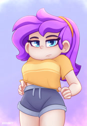 Size: 1422x2048 | Tagged: safe, artist:rivin177, imported from derpibooru, oc, oc:rivin, human, blue eyes, cartoon, humanized, pants, purple hair, sexy, short pants, thighs