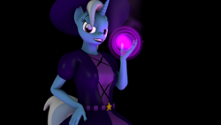 Size: 1920x1080 | Tagged: safe, artist:mlpstevepvb, imported from derpibooru, trixie, anthro, unicorn, 3d, black background, clothes, eyelashes, female, hand, hat, horn, lipstick, looking at you, magic, simple background, source filmmaker, tail, witch, witch hat