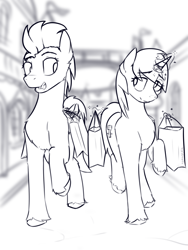 Size: 3000x4000 | Tagged: safe, artist:toanderic, imported from derpibooru, oc, oc only, oc:skydreams, oc:zephyr sunrise, pegasus, pony, unicorn, bag, canterlot, female, horn, looking at each other, looking at someone, magic, mare, monochrome, pegasus oc, shopping, shopping bag, sketch, talking, telekinesis, unicorn oc, unshorn fetlocks, walking