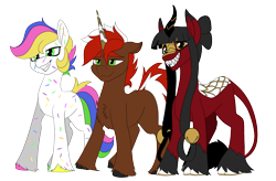 Size: 1920x1257 | Tagged: safe, artist:brainiac, imported from derpibooru, oc, oc only, oc:brute force, oc:confetti, oc:kokuma, oc:ruby kirin, earth pony, kirin, unicorn, derpibooru community collaboration, 2022 community collab, chest fluff, female, male, mare, simple background, stallion, transparent background, unshorn fetlocks