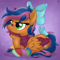 Size: 2856x2854 | Tagged: safe, artist:108-zeroforce, artist:starshade, imported from derpibooru, oc, oc only, oc:solar comet, pegasus, pony, 2021, bandaid, bandaid on nose, base used, bow, brown body, clothes, colored wings, commission, cute, disguise, disguised changedling, eyelashes, femboy, folded wings, gradient background, green eyes, hair bow, high res, kerchief, male, purple background, simple background, socks, solo, stallion, striped socks, tail, tail bow, trap, two toned wings, underhoof, wings, ych result