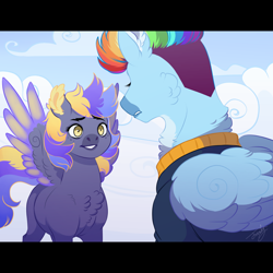 Size: 3464x3464 | Tagged: safe, artist:theartfox2468, imported from derpibooru, rainbow dash, oc, oc:lightning bolt spectrum, pegasus, pony, alternate hairstyle, chest fluff, clothes, cloud, duo, female, gritted teeth, high res, jacket, mare, markings, mother and child, multicolored hair, nonbinary, offspring, older, older rainbow dash, parent:rainbow dash, parent:soarin', parents:soarindash, redesign, sad, sky