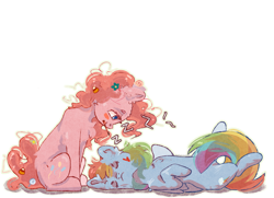 Size: 4000x2900 | Tagged: safe, artist:colorbrush, imported from derpibooru, pinkie pie, rainbow dash, earth pony, pegasus, pony, blush sticker, blushing, chest fluff, duo, ear fluff, eyes closed, face paint, female, flower, flower in hair, folded wings, hair accessory, heart, high res, looking at someone, looking down, lying down, mare, mouth hold, on back, onomatopoeia, outline, pencil, profile, simple background, sitting, sleeping, smiling, sound effects, white background, wings, zzz